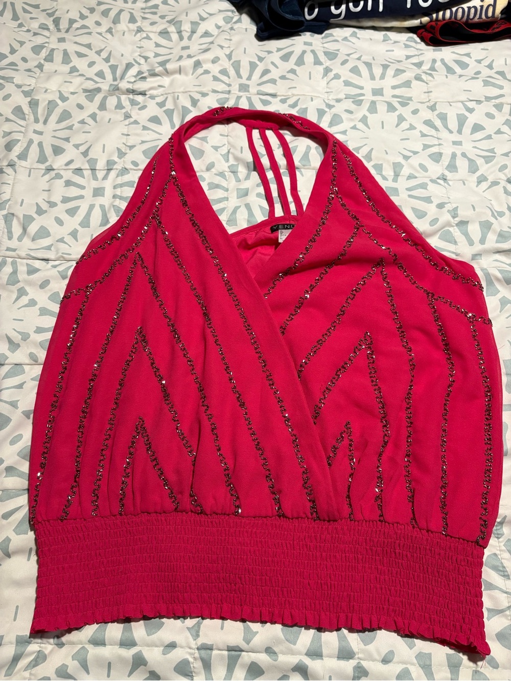 VENUS Fuchsia Beaded Halter Crop Top
